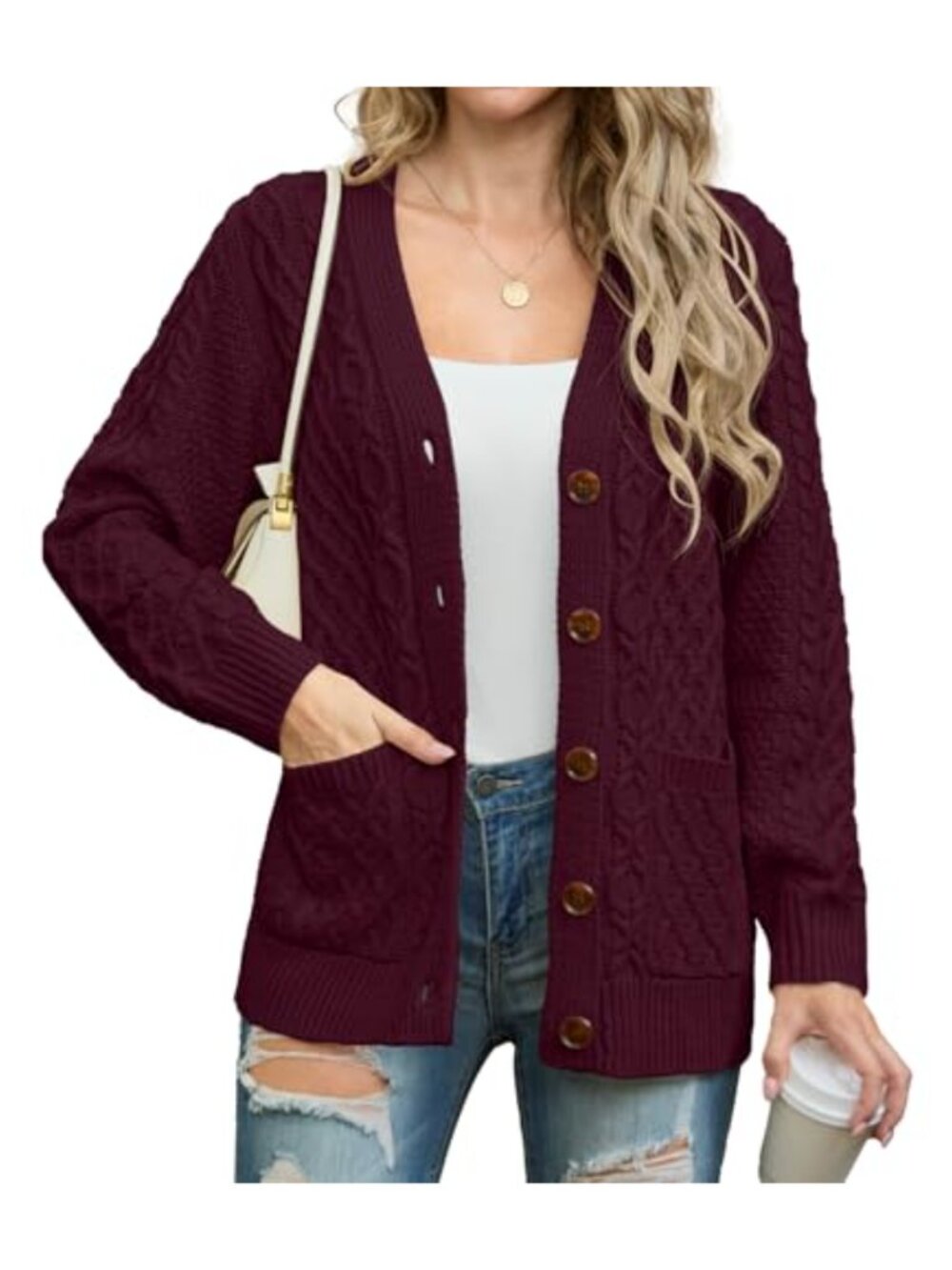 Chunky Cable Knit Cardigan Open Front Long Sleeve Button Pockets